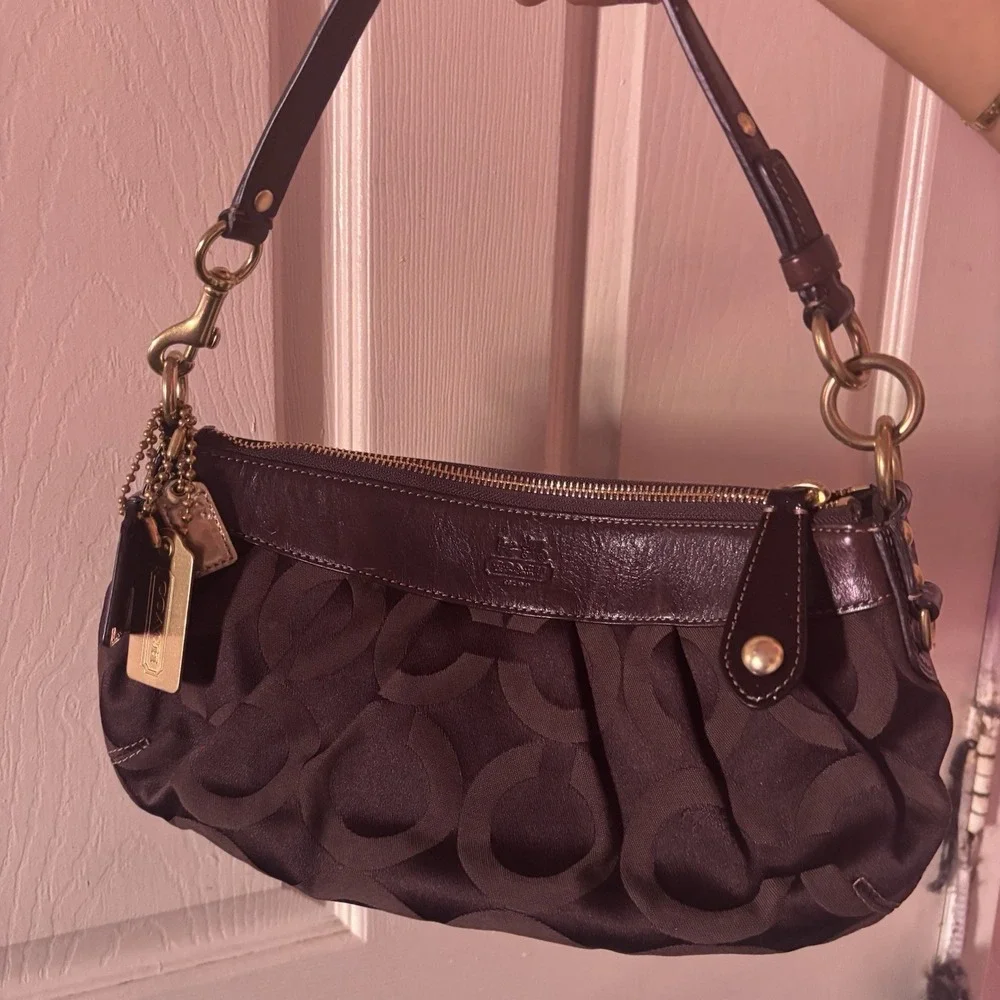 Vtg Coach Ergo Pleated Shoulder Bag Brown Signature Canvas Demi Pouch Handbag